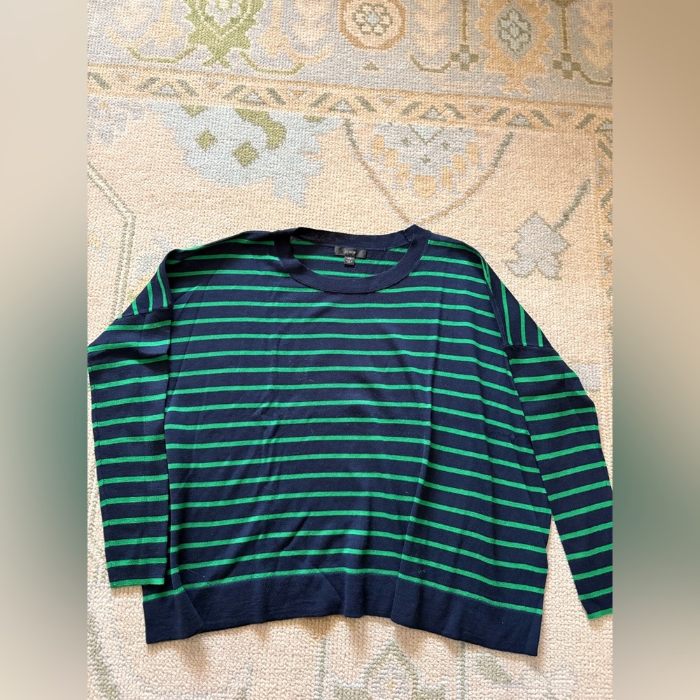 NWOT J. Crew Navy and Green Relaxed Fit Striped Crewneck Sweater